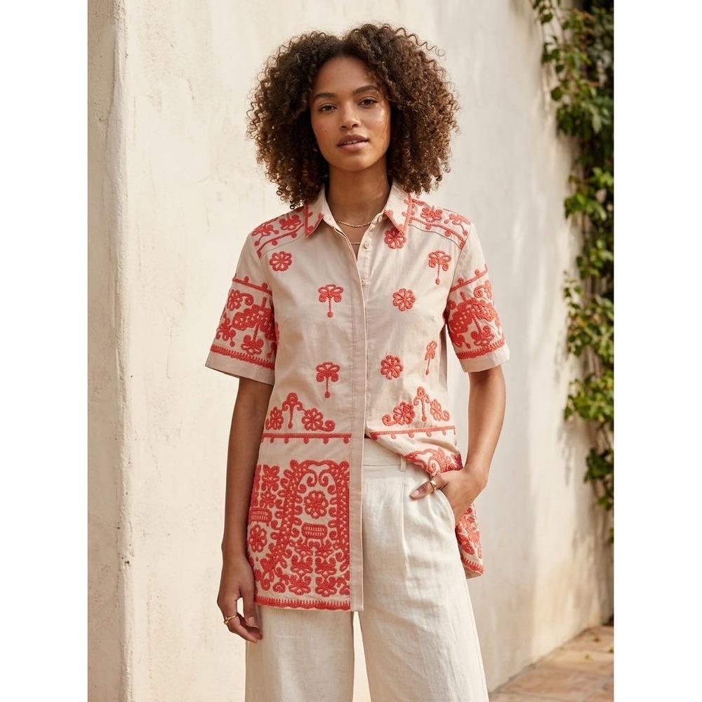 Maeve Anthropologie Red Embroidered Cotton Tunic Shirt Tan XS OB1918117